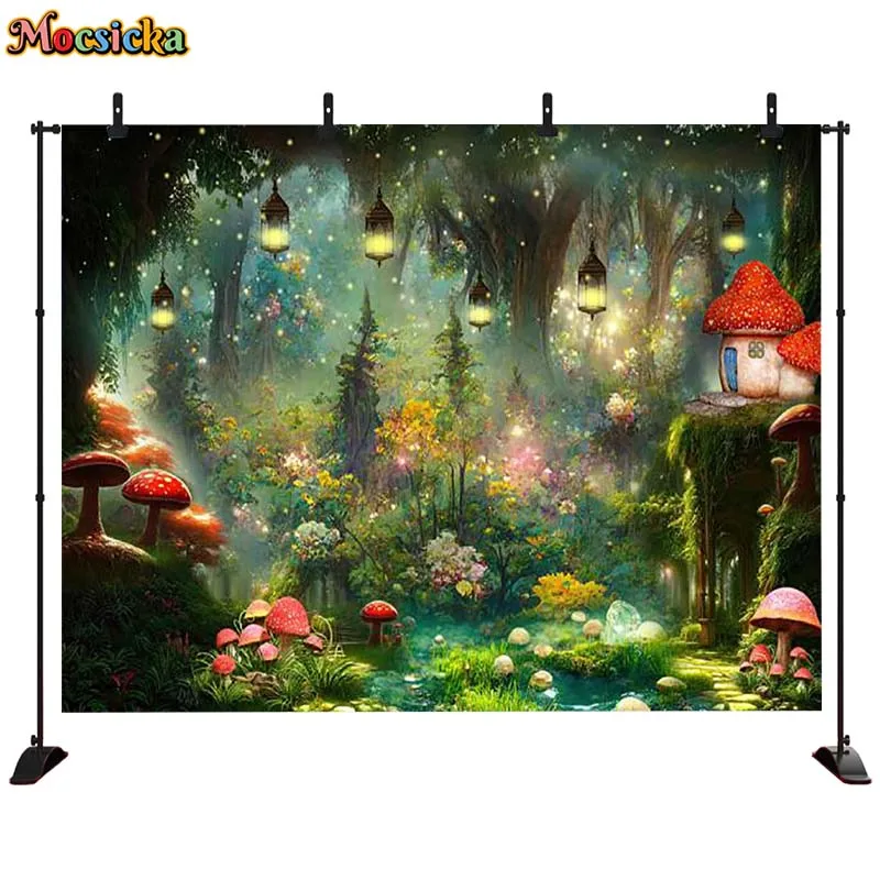 MOCSICKA Fairy Tale Forest Photography Backdrop Mushroom House Tree Fireflies Boys Birthday Decor Banners Kids Photo Background