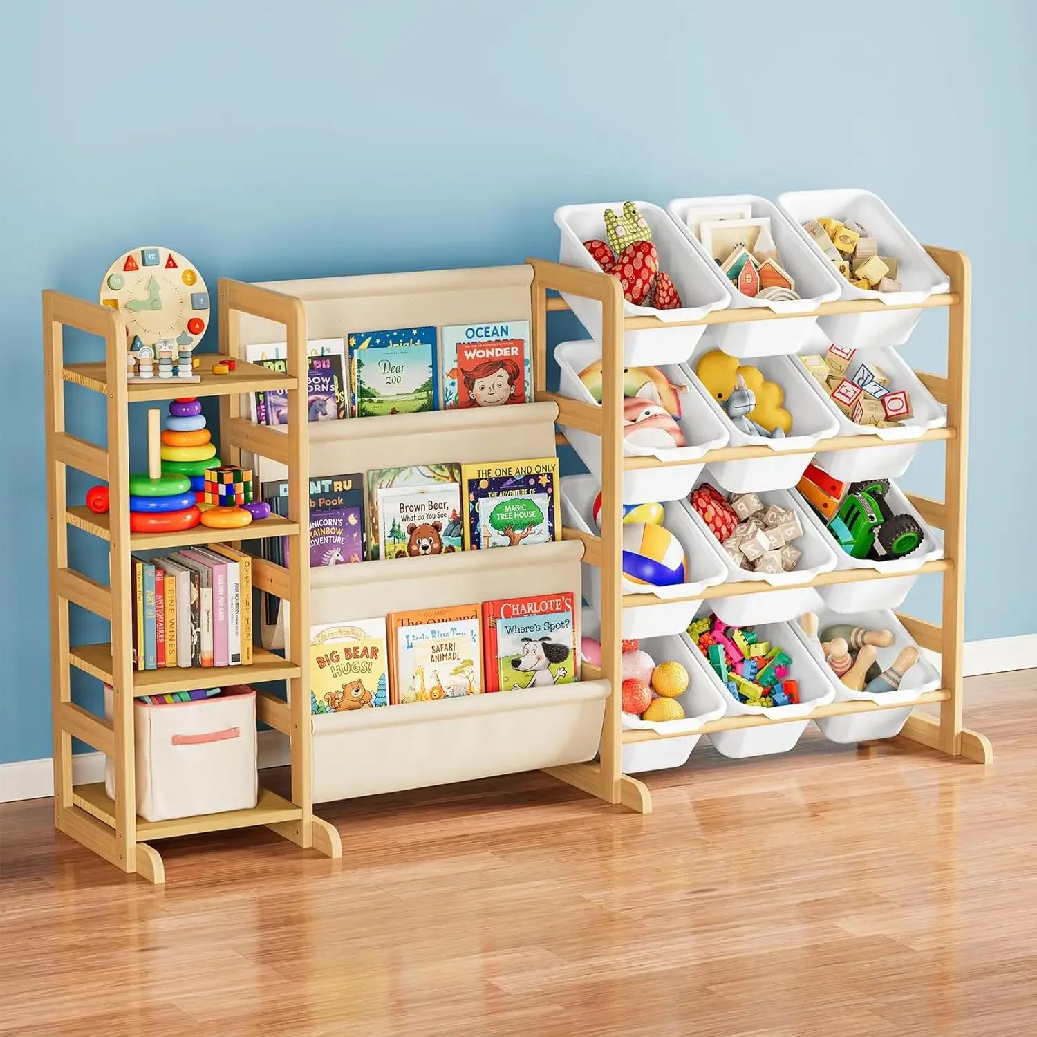 

3-in-1 Toy Storage Organizer with 4 Shelves and 12 Bins, Toy Organizers Storage 3-Tier Bookshelf, Kids Bin Shelf Box Bookcase fo