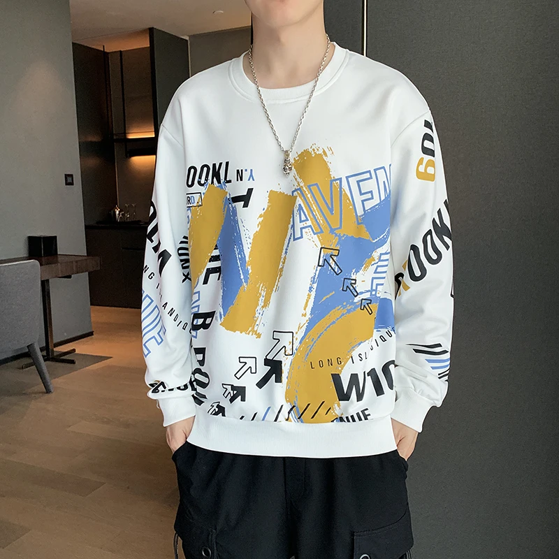 2023 New Spring Autumn Men's Round Neck Youth Trendy Large Size Printed Letter Long Sleeved Hoodies Bottom Pullover Casual Tops