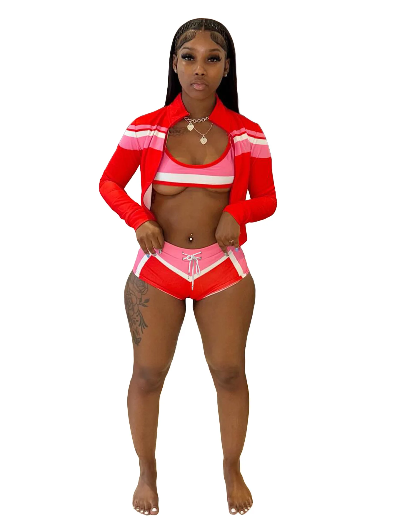 맞춤형 로고 여성 패션 프린팅 긴팔 넥랩 가슴 스트랩 반바지 스포츠 3종 세트