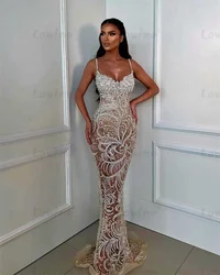 Crystals Dark Champagne Party Dresses Customize Spaghetti Straps Mermaid Aso Ebi Sequined Birthday Engagement Evening Dress Robe