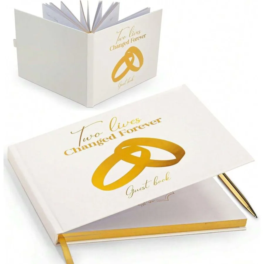 Elegant Wedding Guest Book With Gold Foil Design, 100 Pages, Includes Pen and Keepsake Box