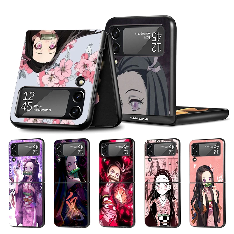 Demon Slayer Kamado Nezuko Z klapką 4 Z klapki 4 Phnoe etui na Samsung Z klapką 3 5 5G czarna twarda skorupa Galaxy ZFlip3 ZFlip4 ZFlip5