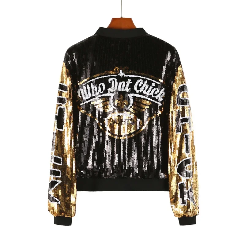 Autumn And Winter Cartoon Letter Sequins Streetwear Long Sleeve Outerwear Coats Round Neck Hip Hop Night Club Women's Jackets