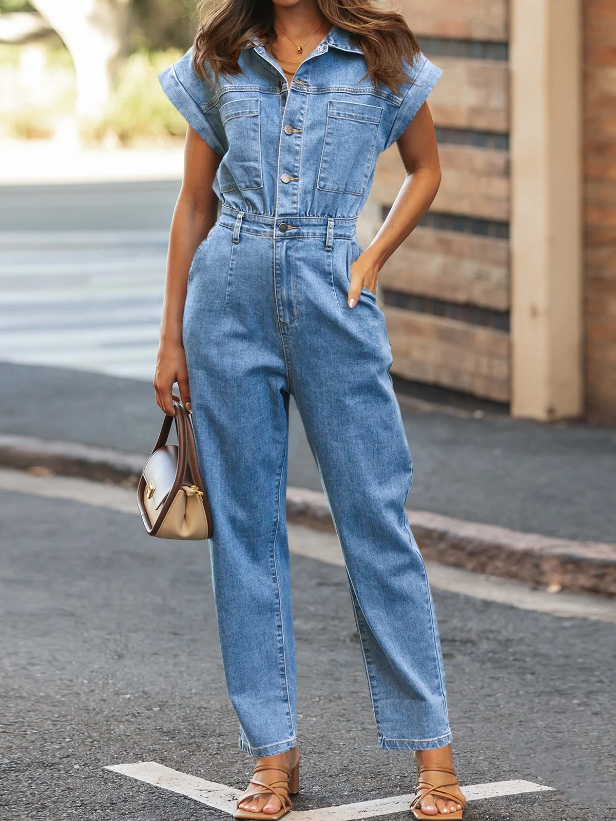 Denim Jumpsuit Women Summer Pockets One Pieces Combinaison Button Down Straight Leg Jeans Long Pants Short Sleeve Vintage Romper