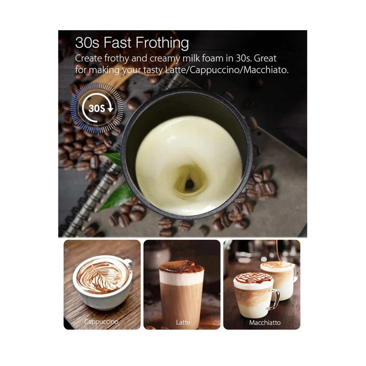 A09G-Mesin Pengocok Susu Elektrik Rumah Tangga Mixer Coklat Mixer Latte Kopi Cappuccino Blender Portabel-Colokan UE Hitam