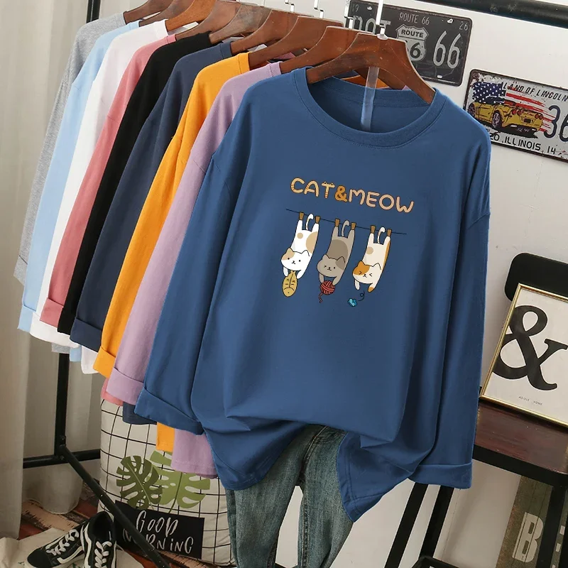 

DAYIFUN Plus Size Long Sleeve T-shirts Women's Loose Cotton Round Neck Tshirts Korean Spring Autumn Tops Lady Bottom Tees 100KG