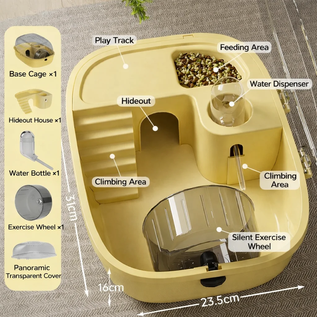 

Double Layer Hamster Cage With Silent Wheel Transparent Habitat Box With Water Bottle Hideout Large Space For Small Pets
