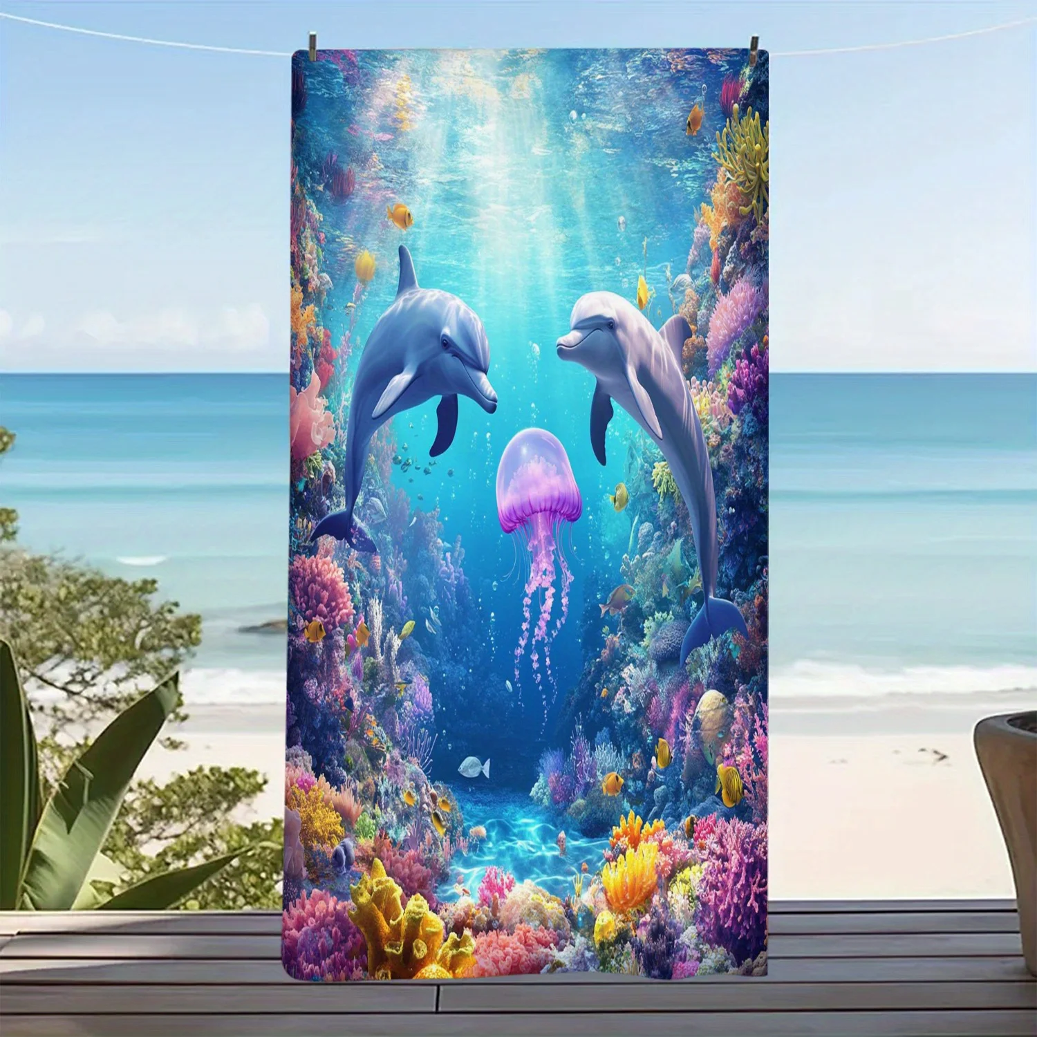 Enchanting Dolphin and Jellyfish Print Beach Towel: Bring Ocean Life's Magic and Vibrant Colors to Your Summer Adventures