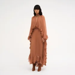 Pumpkin Prom Gown Cloak Sleeve Chiffon Ruffles Formal Dresses Evening Gowns Draped High Couture 2 Pieces Prom Gowns Long