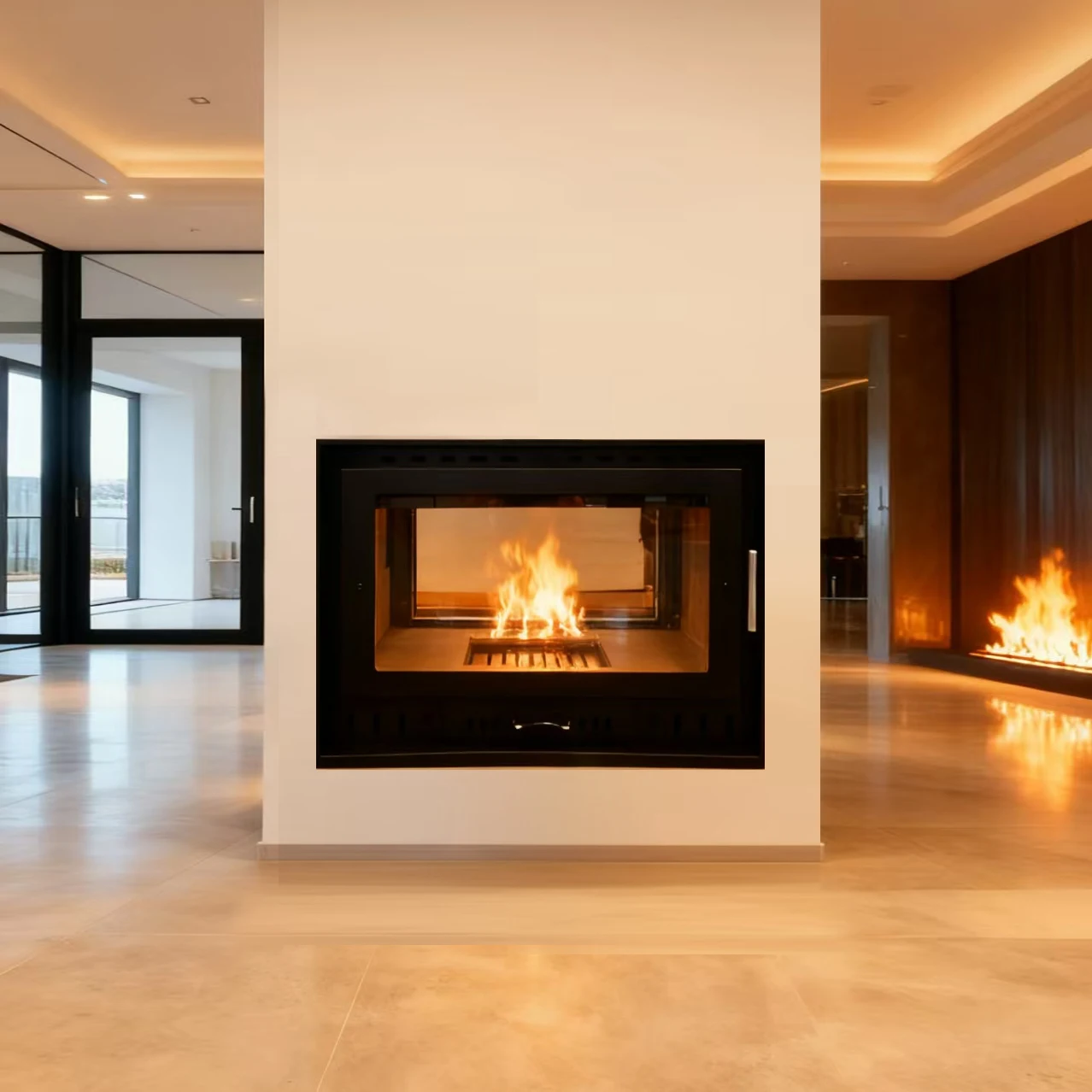 Double-faced Modern Steel Freestanding Indoor Fire Burning Wood Fireplace