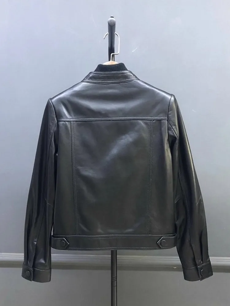 Damska kurtka motocyklowa ze skóry naturalnej ze stójką, codzienna, jednolita, wiosenno-jesienna, z długim rękawem, krótka kurtka z prawdziwej skóry owczej.