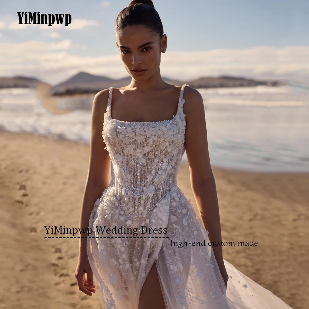 2025년 신부 스파게티 스트랩 A라인 스플릿 백리스 비즈 비치 웨딩드레스 아플리케 웨딩 가운 맞춤 제작