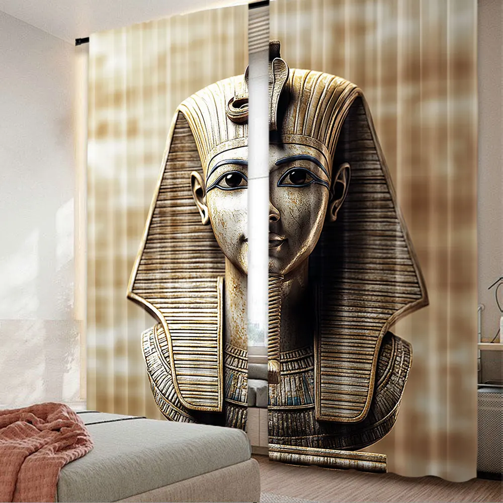 2Pcs Egyptian Curtains Stone Pharaoh Tutankhamen With Papyrus Curtains Design For Bedroom Living Room And Dining Room B