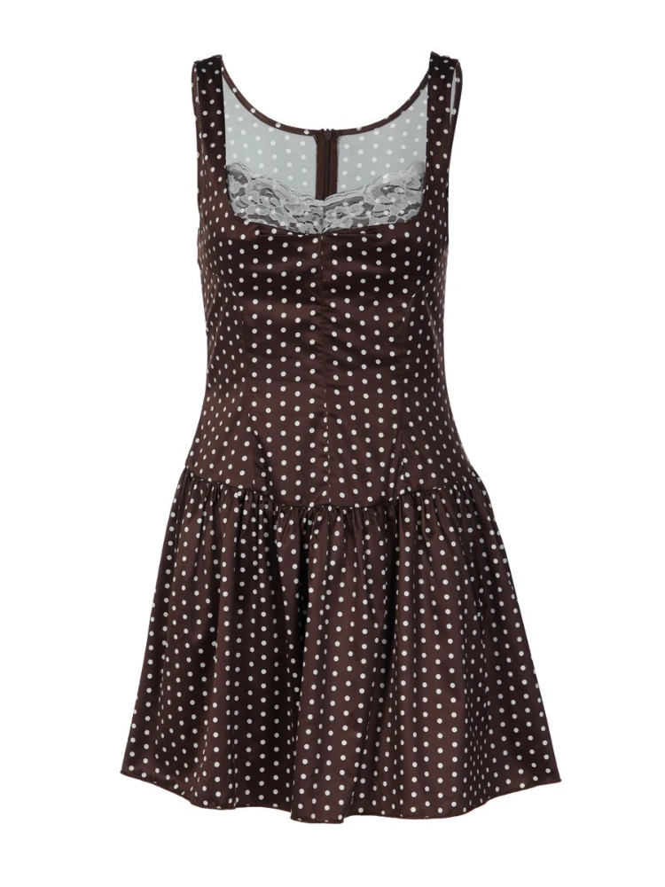 SsTss 2025 جديد براون البولكا نقطة طباعة الدانتيل تقسم فستان كامي المرأة الصيف مثير بلا أكمام سليم عالية الخصر فستان حفلة الشاطئ الصغيرة #3