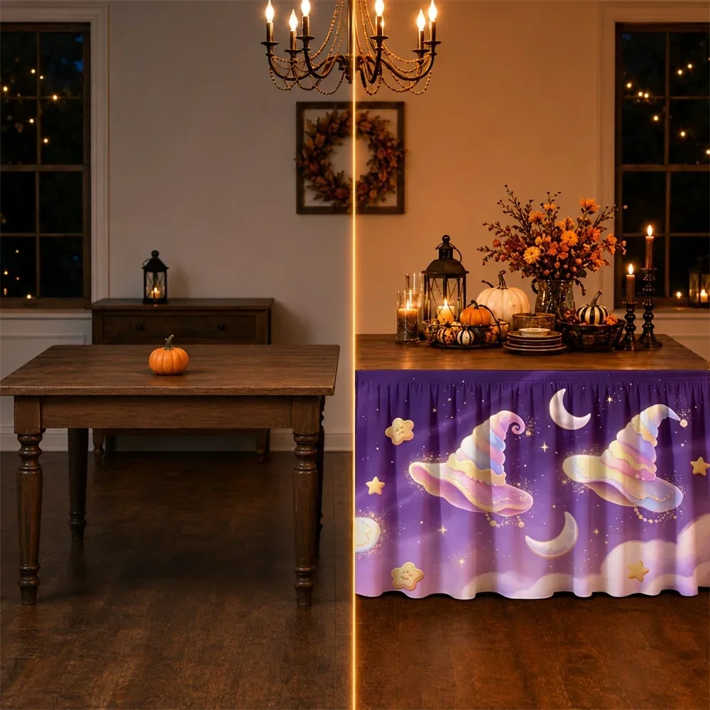 1 piece of tablecloth, polyester, magic, fantasy, imagination, dreamy, macaroon, fantasy, witch's hat, suitable for Halloweenxzj