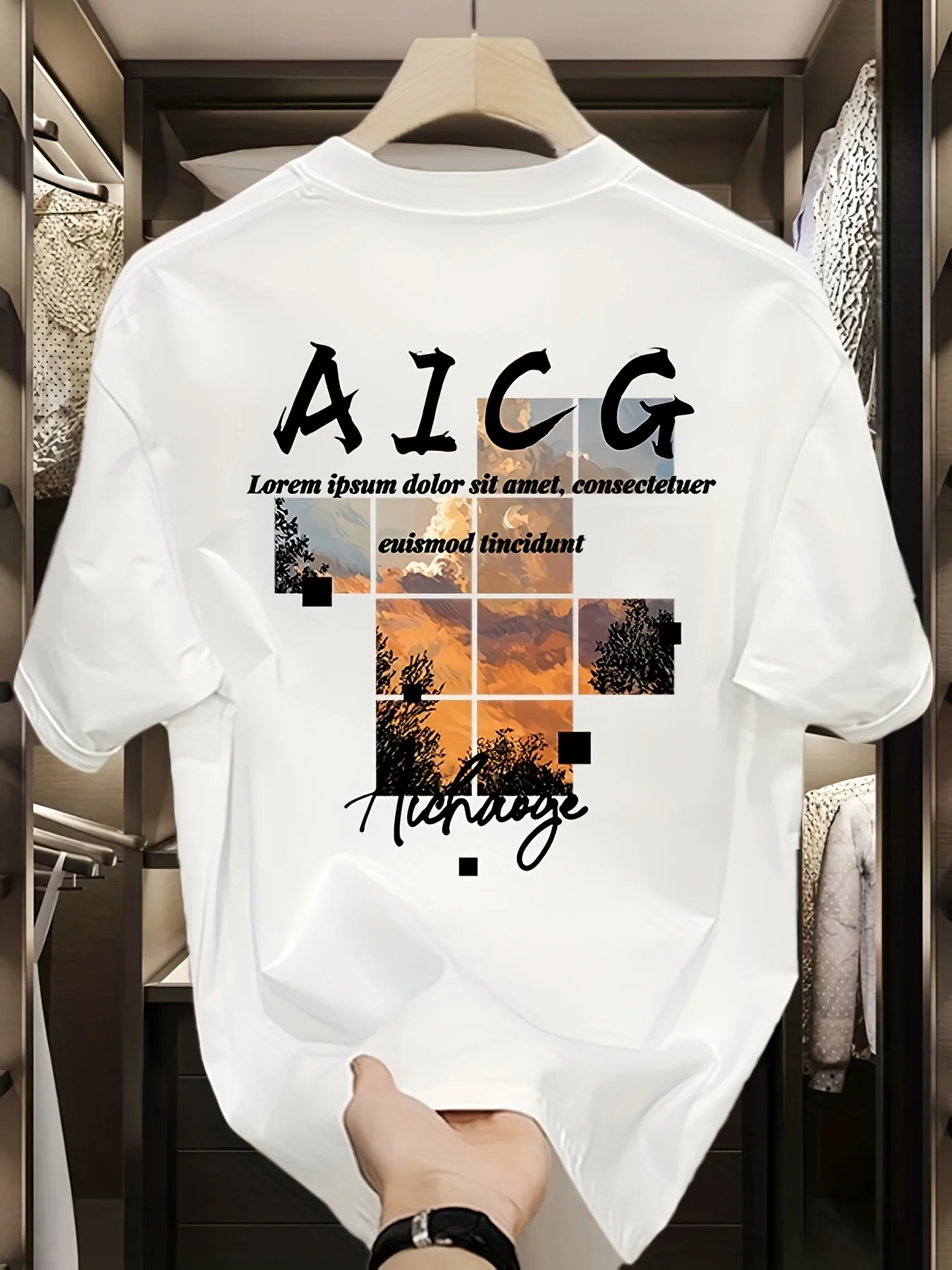 AICG Sunset Landscape Printed Short Sleeve T-shirt for Men and Women, Fashionable and Personalized, Loose Half Sleeve