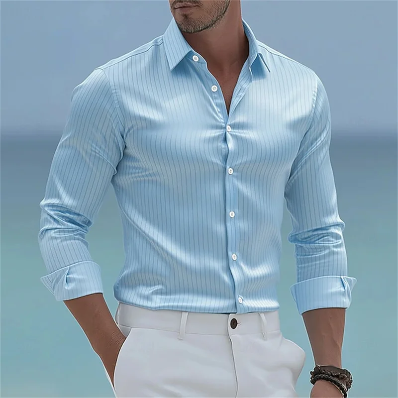 Men's plaid/checkered business shirt, casual autumn/winter style, lapel, button lining, blue, pink, purple, dark blue.