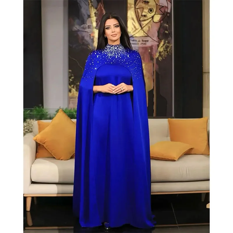 

Saudi Arabia Royal Blue Evening Dress 2024 With Wrap Beaded Crystal High Neck Women Formal Gowns Party Prom Dresses