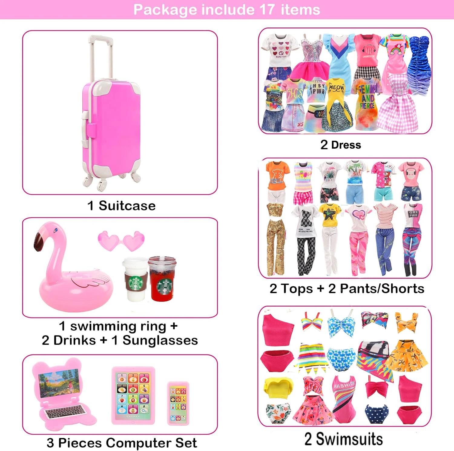 16 Pcs Doll Travel Luggage Playset 1 Trunk 2 Fashion Dresses 4 Tops and Pants/Shorts 2 Swimsuits 7 Accessories for 11.5 Inch Gir