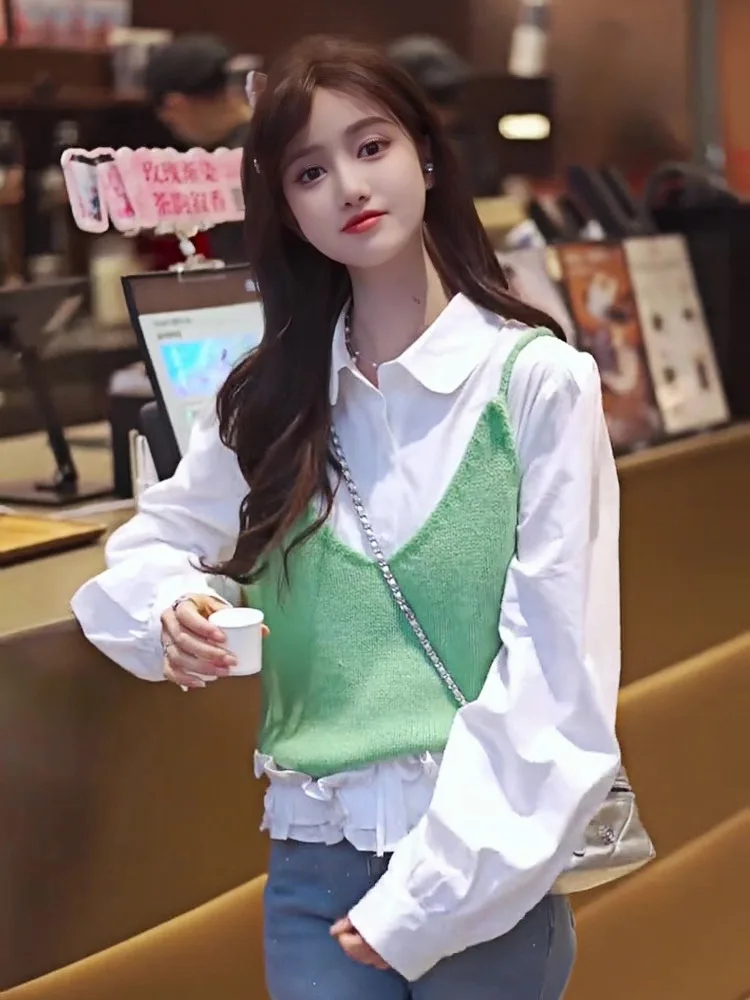 

Sweet Korean Sle Women's Long Sve Knitted irt And Vest Two Piece Set Spring Arrival Faion Casual Loose Fit Collar