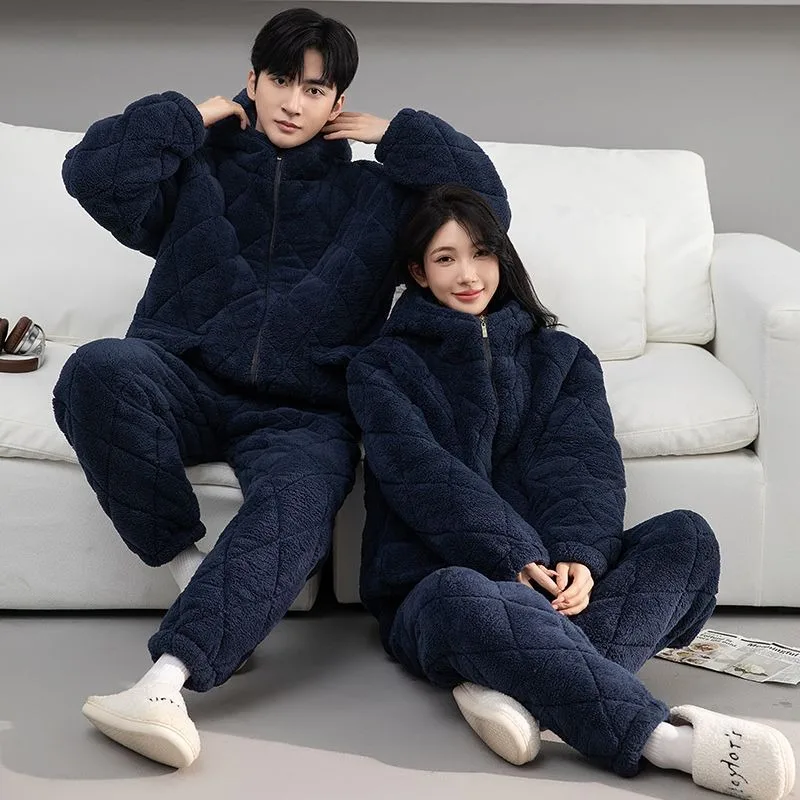 

Women's New Thickened Fleece Three-layer Padded Men's Loungewear Set Can Be Worn Outside Sets Coral Fleece Couple Pajamas Winter
