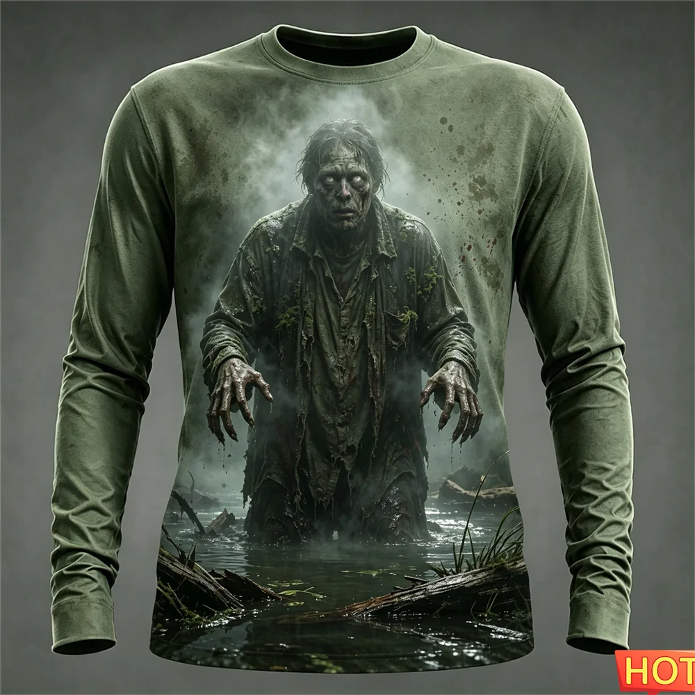 Halloween Terrify Mummy Street T-shirt Autumn winter Men's Long sleeved T-shirt top Cotton Graphic Halloween Gift Tshirt for men