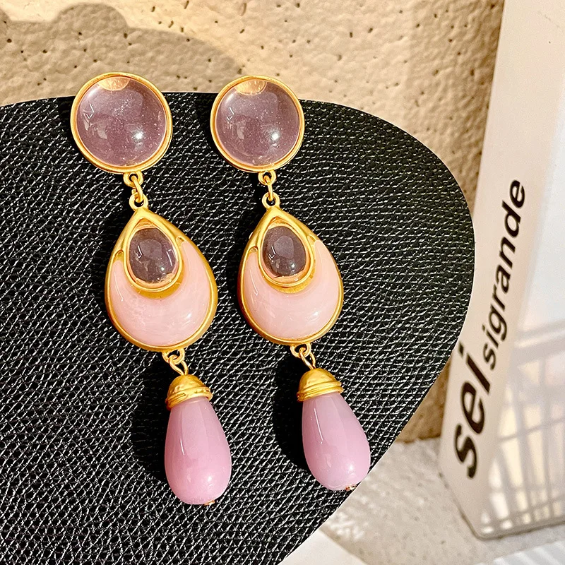 women antique pink crystal contrasting color earrings retro water drop dangle earrings
