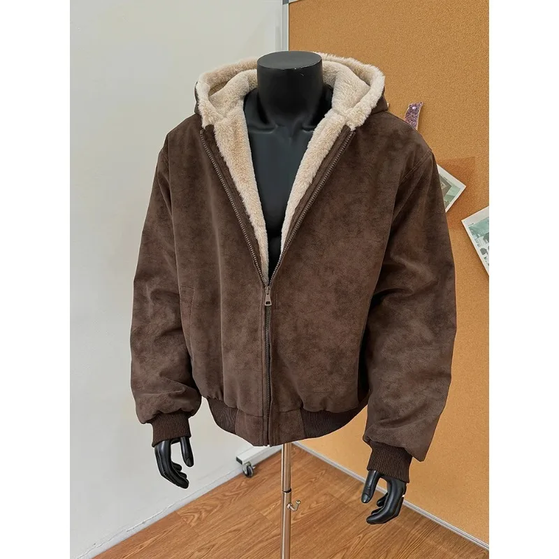 New 2026 Winter Fur Collar with Hat Zipper Long Sleeve Coat Men Korea Fashion Casual Thicken Warm Fleece Jacket for Men
