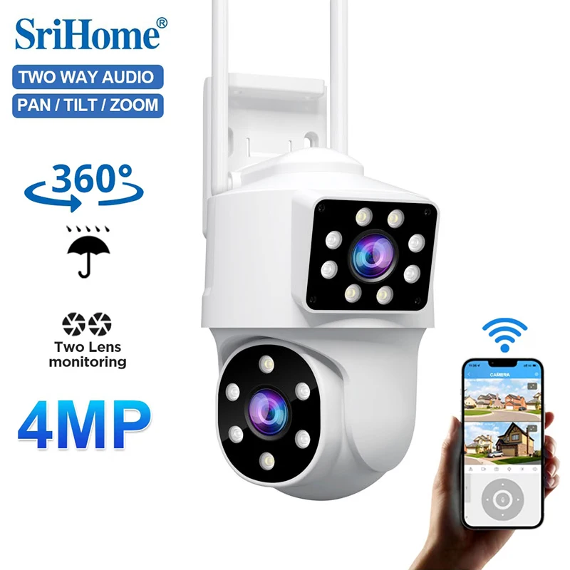 Srihome SH063 4MP Wifi IP Camera Outdoor 2.4/5GHZ PTZ Surveillance Camera Dual Lens Dual Screens Two-way Audio Security Camera