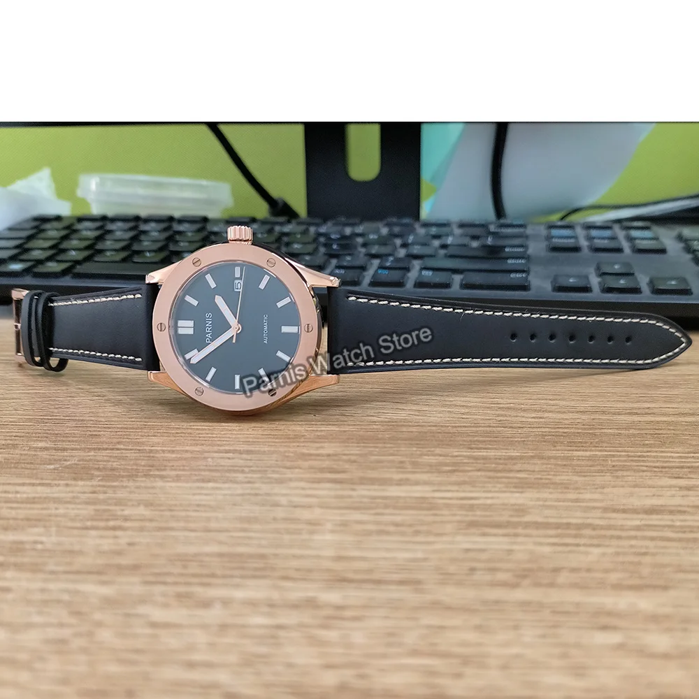 Мужские повседневные часы Parnis с сапфировым стеклом, 44 мм, японский NH35, с автоматическим механизмом, 5 атм, водонепроницаемый черный циферблат, корпус из розового золота