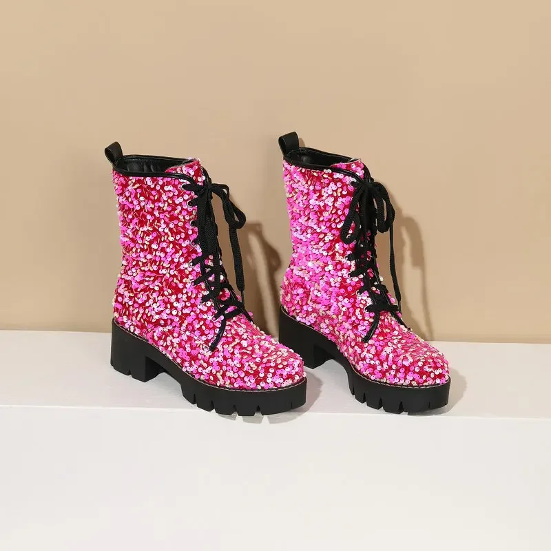 Sequins Bling Glitter Party Goth Shoes For Women Shiny Pink Blue Purple Lace-up Platform Chunky Heels Ankle Motorcycle Boots