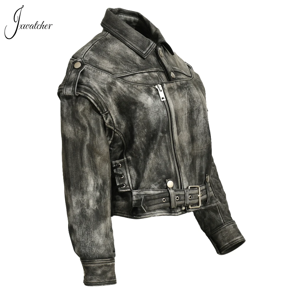 Jxwatcher Women\'s Real Leather Jacket Fashion Genuine Sheepskin Coat With Belt Ladies Spring Leather Jacket Sleeve Removable