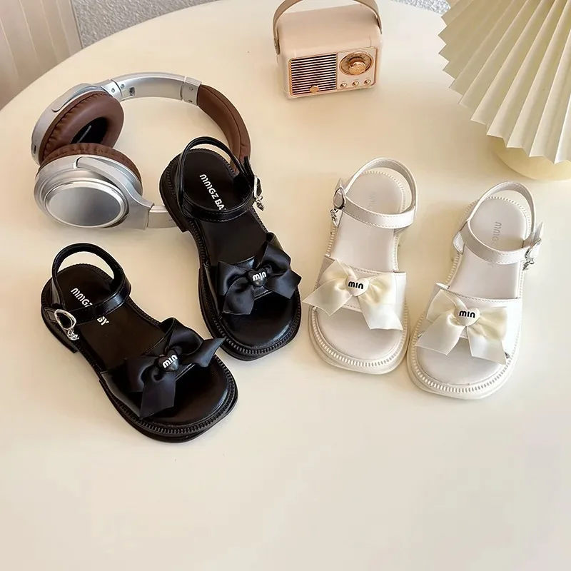 

2025 New Children's Sandals Summer Bow Princess Casual Shoes Fashion Children's Soft Bottom Beach Flat Sandals