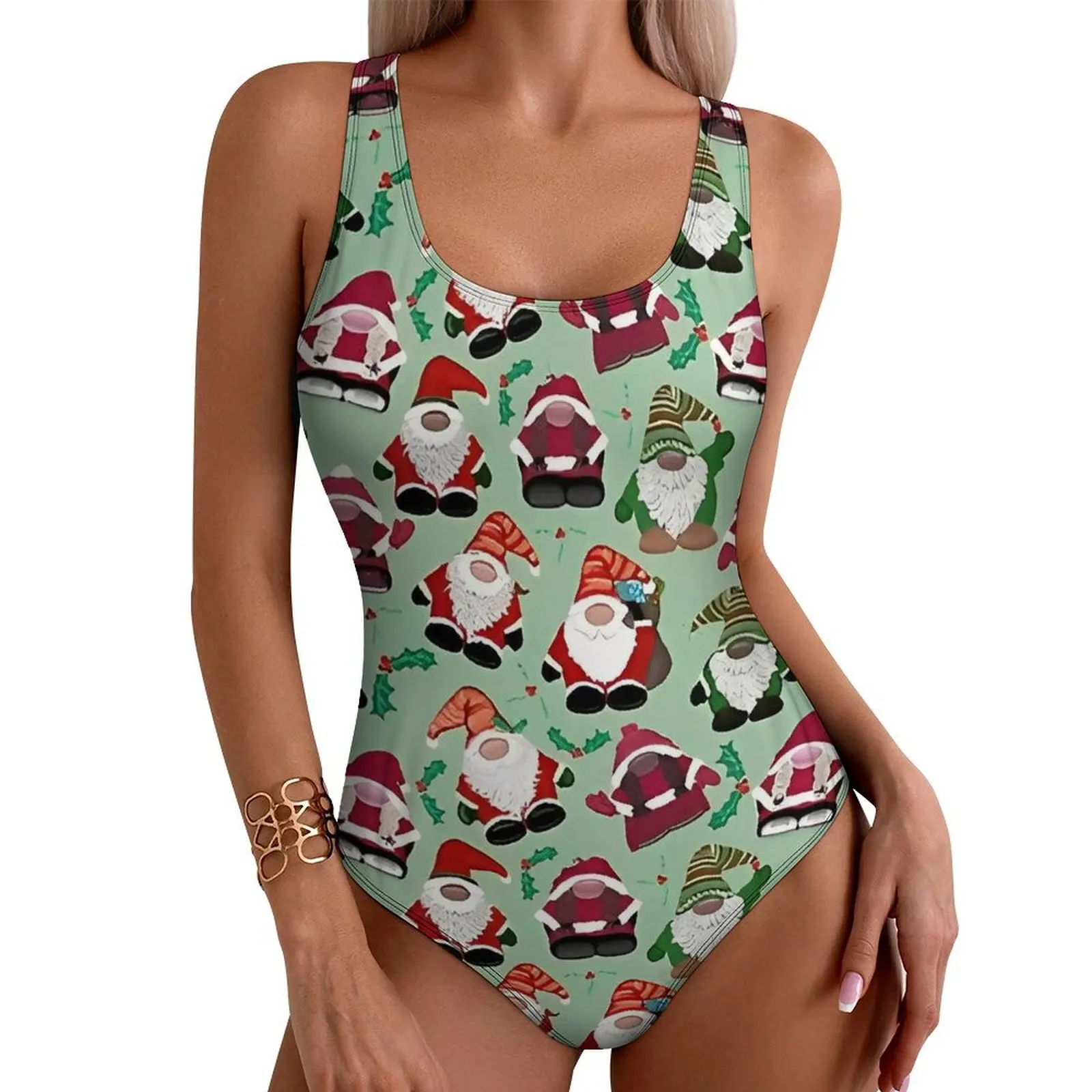 Christmas Santa Gnomes Swimsuit  One Piece Swimwear Push Up Modern Bathing Suits Sexy Surfing Printed Swimsuits