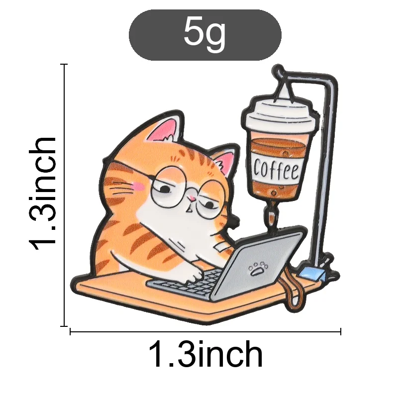 Funny Office Cat Coffee Badge Cute Cartoon Tired Working Kitten Enamel Pins Animal Laptop Brooch Accessories Bag Decor
