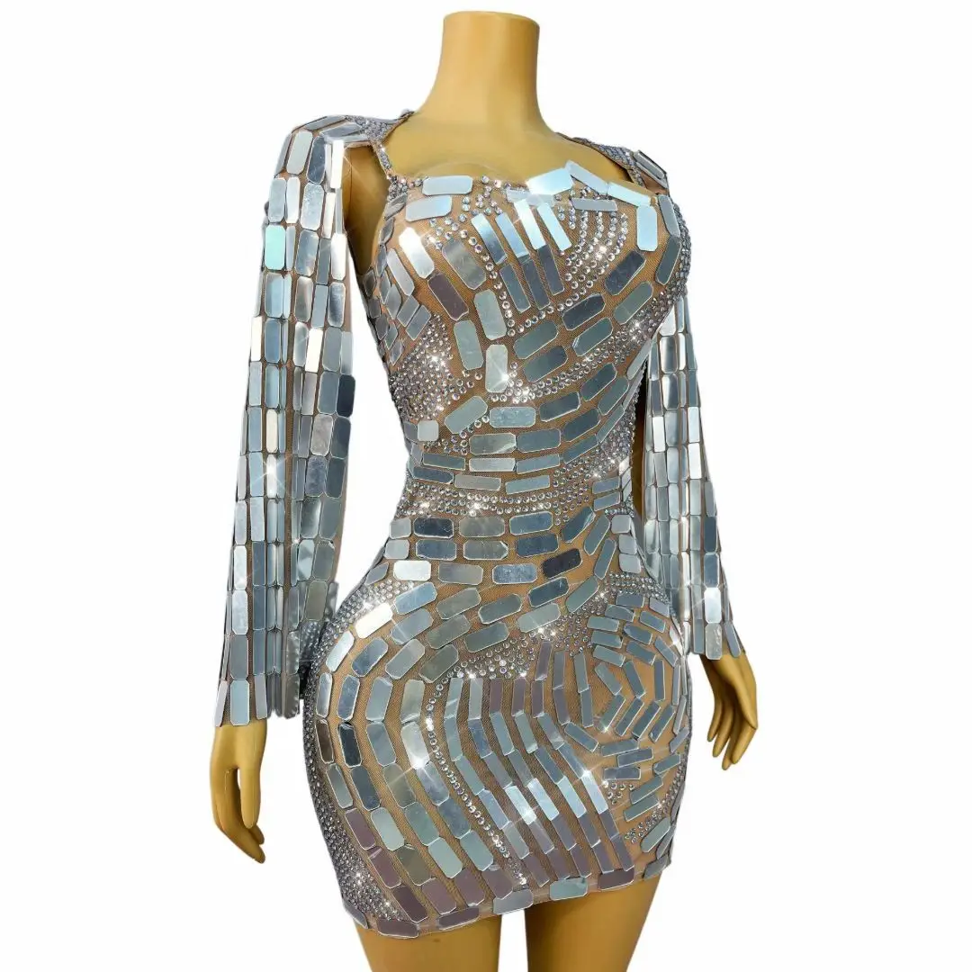 Baoke Women Sparkly Ombre Fuchsia Mirror Sequins Mesh Mini Dress Long Sleeve Square Neck Music Festival Rave Outfit
