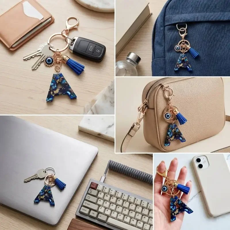 Evil Eye Letter Keychain Blue Resin Initial Charm with Rhinestones Tassel Lobster Clasp Women Gift