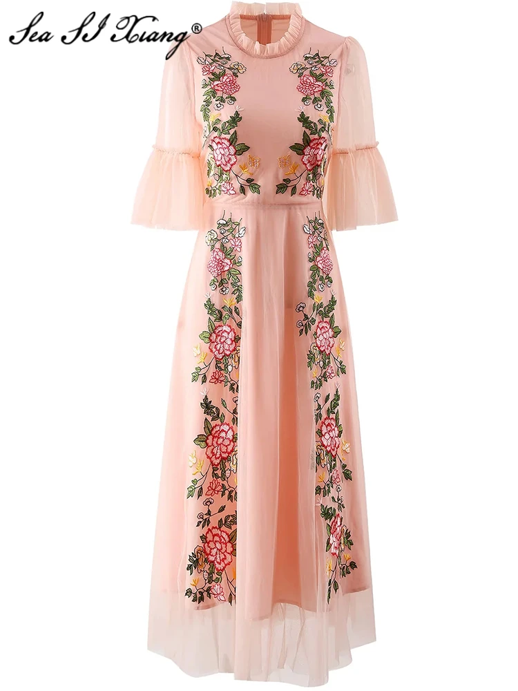 

Seasixiang Fashion Designer Spring Mesh Long Dress Women O-Neck Flare Sleeve Floral Embroidery Elegant Party Dresses