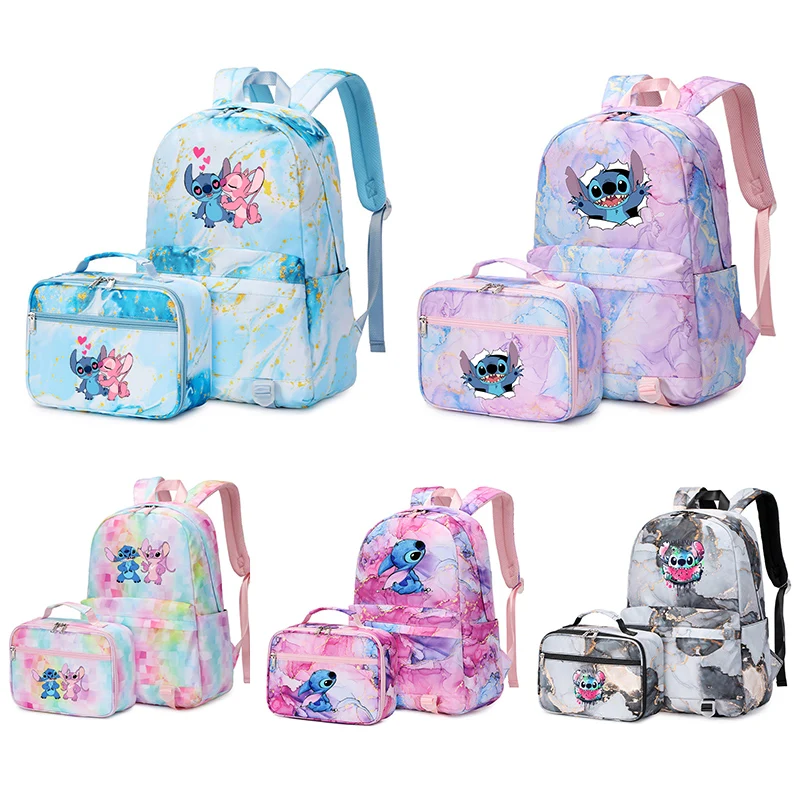 Disney Lilo Stitch 2PCS/Set Multi Pocket Travel Laptop Backpack with Lunch Bag Rucksack School Bags for Women Student Teenagers