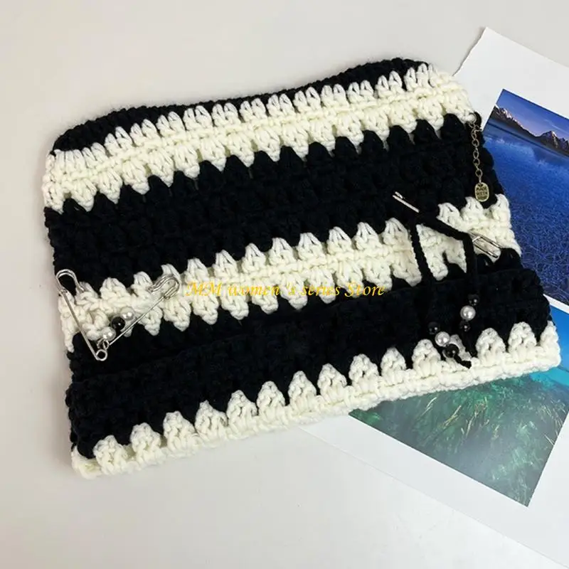 Q39C Y2K الشيطان مخطط محبوك قبعة مع مشبك ورق ديكور الشتاء قبعة ركوب الدراجات