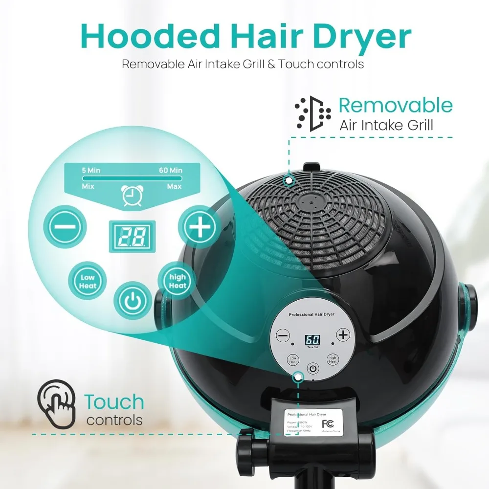Ionic Hooded Hair Dryer with Digital Display, Touch Controls and 3 Temperature Settings for Salon and Home Use