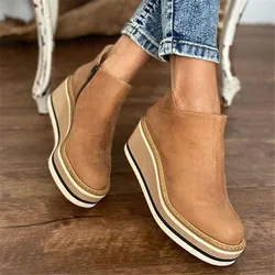 New Wedges Women's Boots Retro Female Ankle Boots Trend Round Toe Platform Booties Comfortable Zipper Leather Shoes for Women