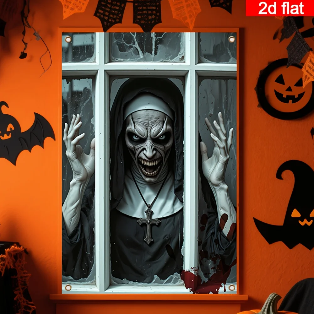 

Оконный баннер на Хэллоуин — дизайн ужасов монахини с пятнами крови и летучими мышами, Хэллоуин, День мертвых, осенние фестивали