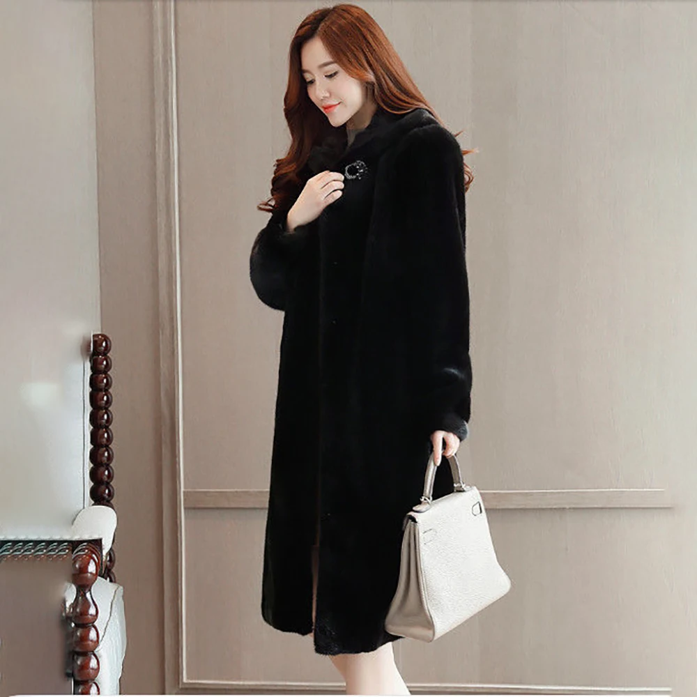 Winter Imported Velvet Temperament Coat Jurchen Whole Long Hooded Large Size Fur Fashion Coat Female Tide 5x