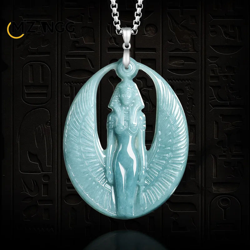 

Natural A-grade Jadeite Blue Water ISIS Goddess Pendant Exquisite Fashionable Ice-type Jade Necklace Men and Women Festival Gift