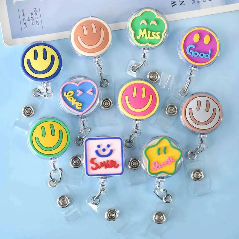 1 PCS Smiling Face Star Retractable Pull Badge Reel ID Card Holder Belt Clip Lanyard Name Tag Card For School Office