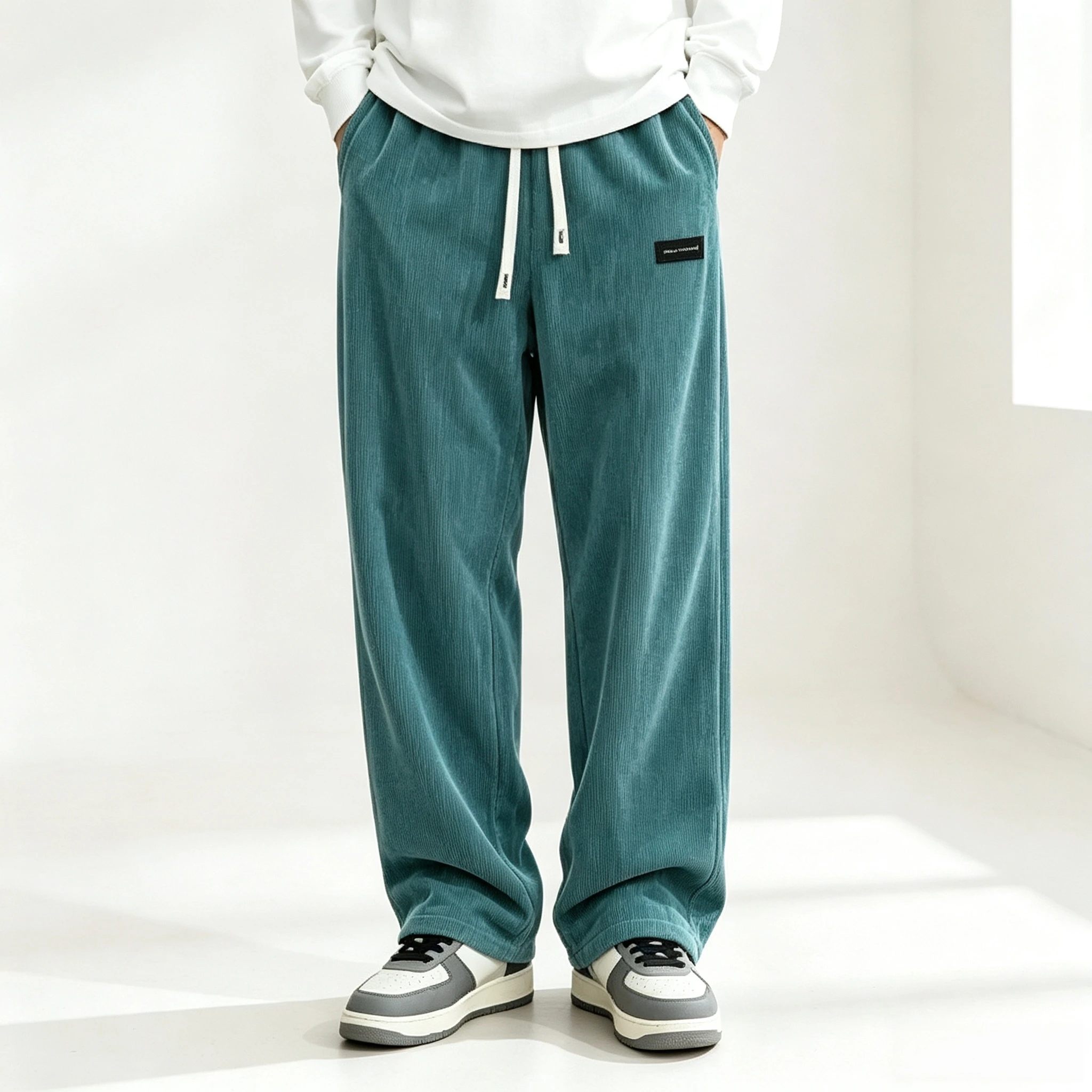 New Model Men Corduroy Wide Leg Trousers Elastic Drawstring Waist Loose Straight Casual Pants Fashion Streetwear Baggy Sweatpant