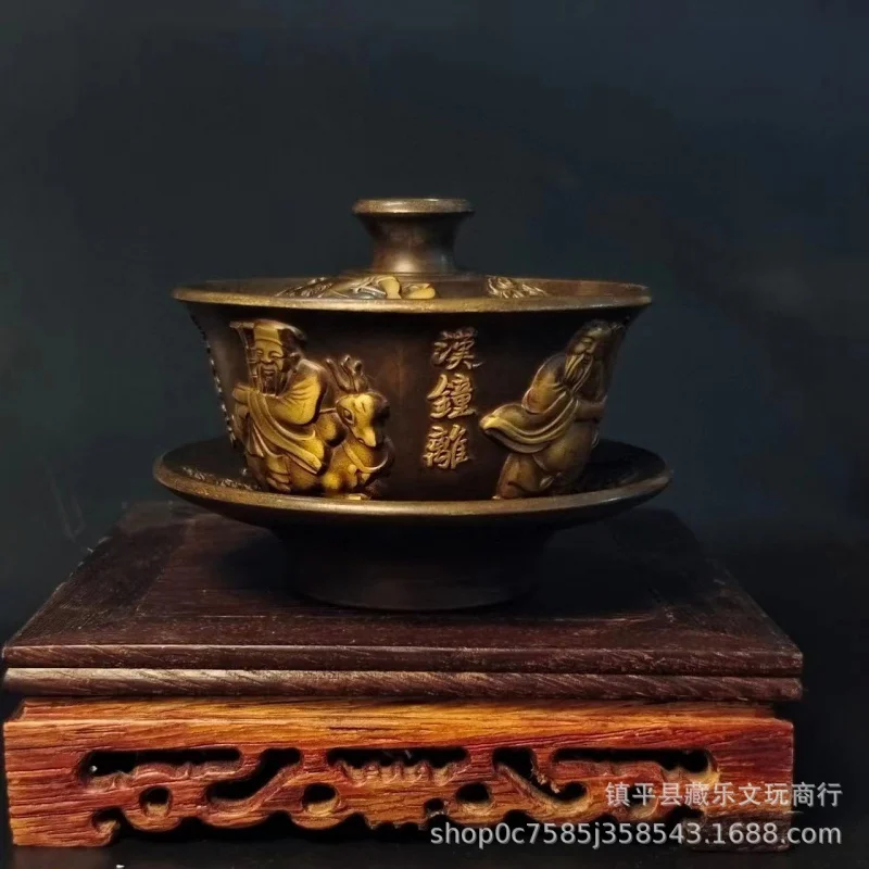 Antique Brass Three-Piece with Bowl Lid, Home Living Room Chinese Classical Palace Dragon and Phoenix Tea Set, C