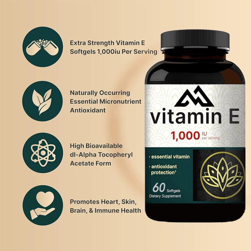 Vitamin E oil 60 capsules, essential antioxidant, 1000 IU per serving to support skin, heart, and immune health